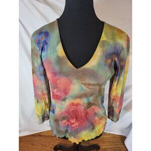Vintage y2k 90s top shirt large L dark floral sheer mesh rave fitted therapy